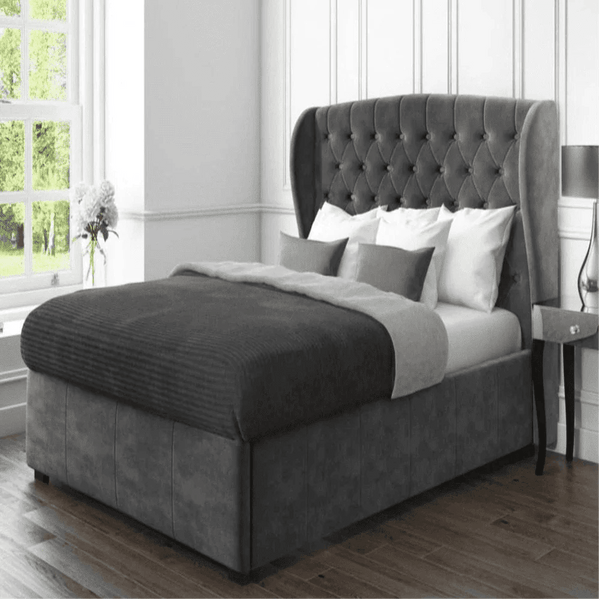 Boombox Luxury Upholstered Bed in Suede - Oak Inside