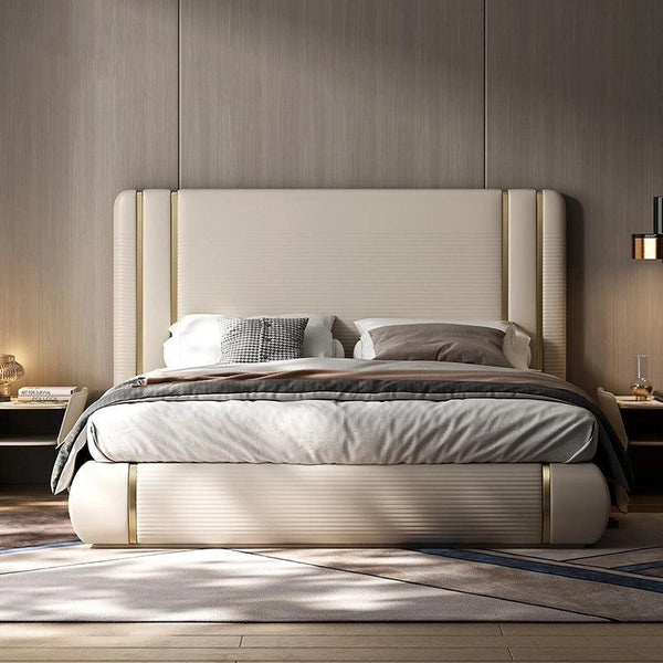 Dennis Luxury Upholstered Bed in Suede - Oak Inside