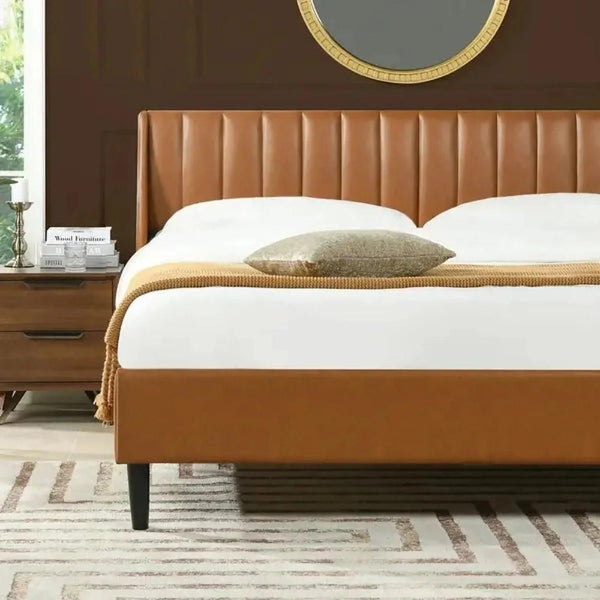 Nero Premium Upholstered Bed Without Storage In Leatherette - Oak Inside